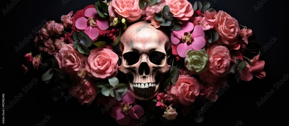 Floral skull with a captivating beauty on a black background perfect for copy space image Floral skull with a captivating beauty on a black background perfect for copy space image