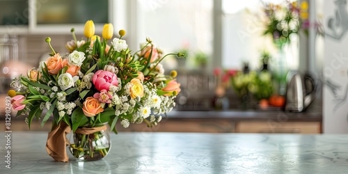 Spring floral bouquet on kitchen counter