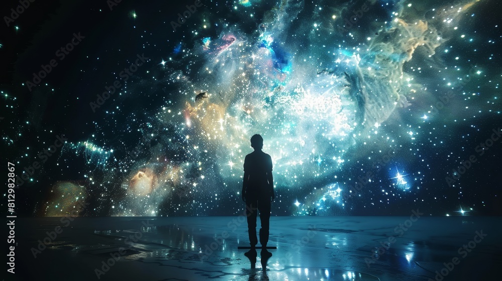 A person standing in a dark room, looking at a large picture of outer space. The image of space is a hologram, glowing with stars, galaxies, and nebulae. The person is in awe A person standing in a dark room, looking at a large picture of outer space. The image of space is a hologram, glowing with stars, galaxies, and nebulae. The person is in awe