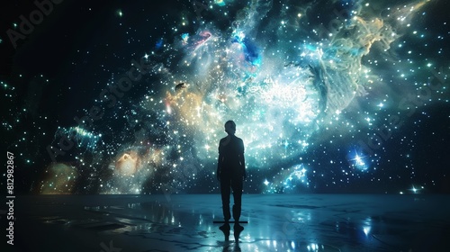 A person standing in a dark room, looking at a large picture of outer space. The image of space is a hologram, glowing with stars, galaxies, and nebulae. The person is in awe