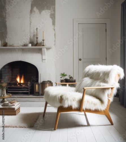 A minimalistic Scandinavian style chaise lounge with white fur, wood and firewood in front of an empty fireplace