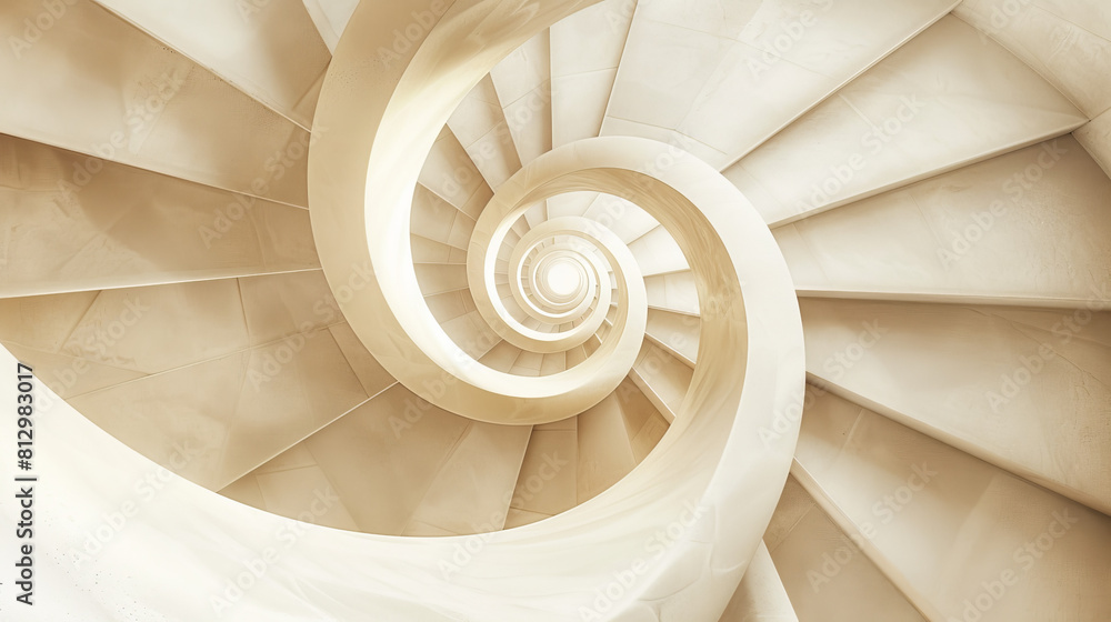 Abstract spiral shape architecture background. Shaped bottom stone staircase spiral design, paler hues. Monochrome cream. Elegant antigue tones. neutral colors. Divine Golden Ratio aesthetic concept -