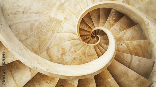 Abstract spiral shape architecture background. Shaped bottom stone staircase spiral design, paler hues. Monochrome cream. Elegant antigue tones. neutral colors. Divine Golden Ratio aesthetic concept  photo