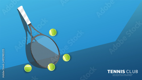 Tennis club with Tennis racket and ball on blue background, Indoor Court for use in online sporting events, Illustration for Tennis sports concept, Vector Illustration EPS 10