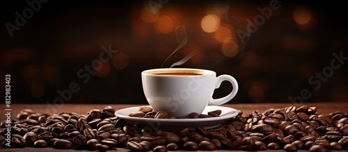 An image showing a cup of espresso coffee with coffee beans surrounding it. Copyspace image