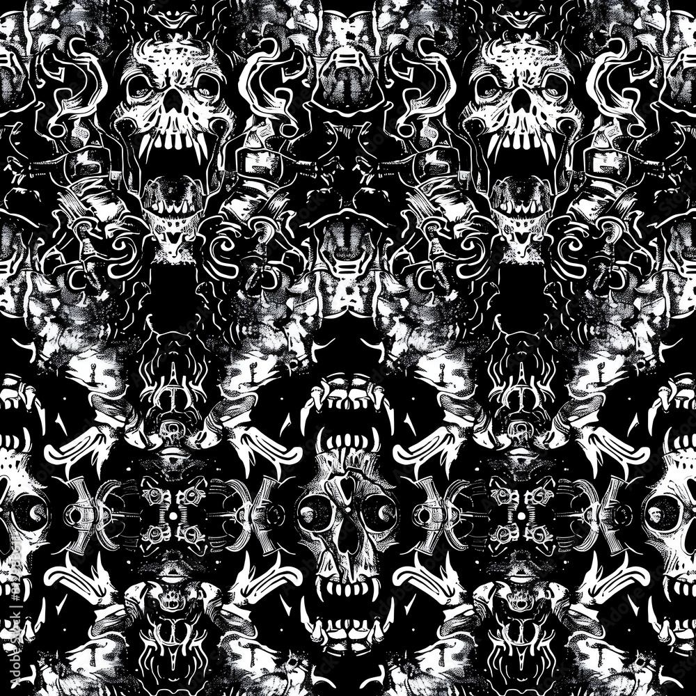Obraz premium Haunting Cymatics Inspired Monstrosities Distorted Unsettling Patterns in Ominous Black and White