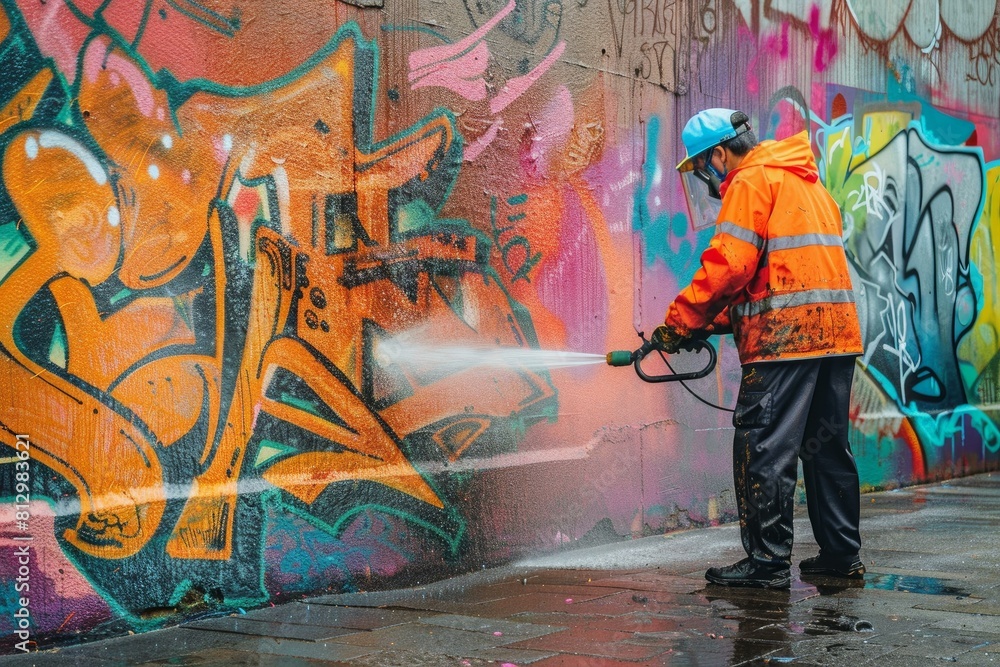 Worker in high visibility jacket using a pressure washer to clean graffiti from an urban wall Worker in high visibility jacket using a pressure washer to clean graffiti from an urban wall