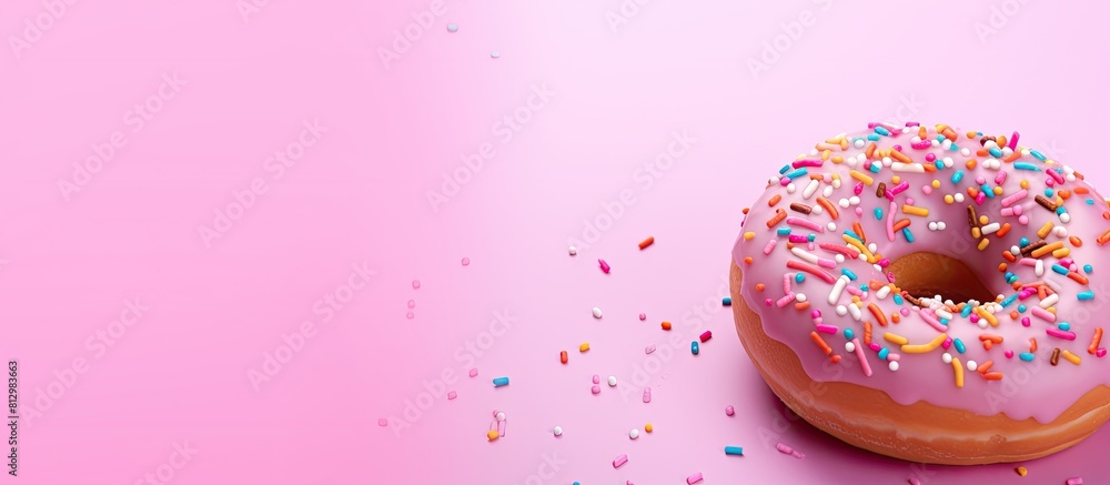 A background image with copy space featuring a colorful donut with sprinkles on a pink background A background image with copy space featuring a colorful donut with sprinkles on a pink background