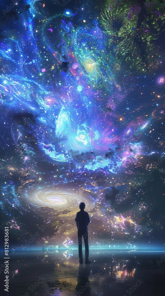 A person standing in a dark room, looking at a large picture of outer space. The image of space is a hologram, glowing with stars, galaxies, and nebulae. The person is in awe
A person standing in a dark room, looking at a large picture of outer space. The image of space is a hologram, glowing with stars, galaxies, and nebulae. The person is in awe