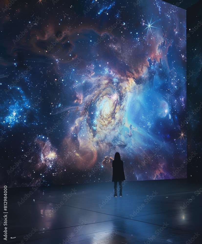 A person standing in a dark room, looking at a large picture of outer space. The image of space is a hologram, glowing with stars, galaxies, and nebulae. The person is in awe
A person standing in a dark room, looking at a large picture of outer space. The image of space is a hologram, glowing with stars, galaxies, and nebulae. The person is in awe