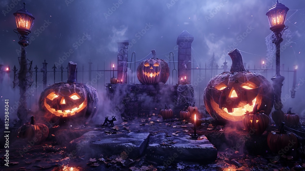 Naklejka premium Mystical pumpkins with candles in the cemetery