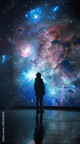 A person standing in a dark room, looking at a large picture of outer space. The image of space is a hologram, glowing with stars, galaxies, and nebulae. The person is in awe 