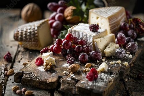 rustic wooden board with artisanal cheese platter organic fruits and nuts gourmet wine pairing appetizing still life photography