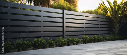 A sleek and contemporary metal fence with horizontal sections made of steel grating designed to enclose the yard area Perfect for a modern aesthetic Copy space image