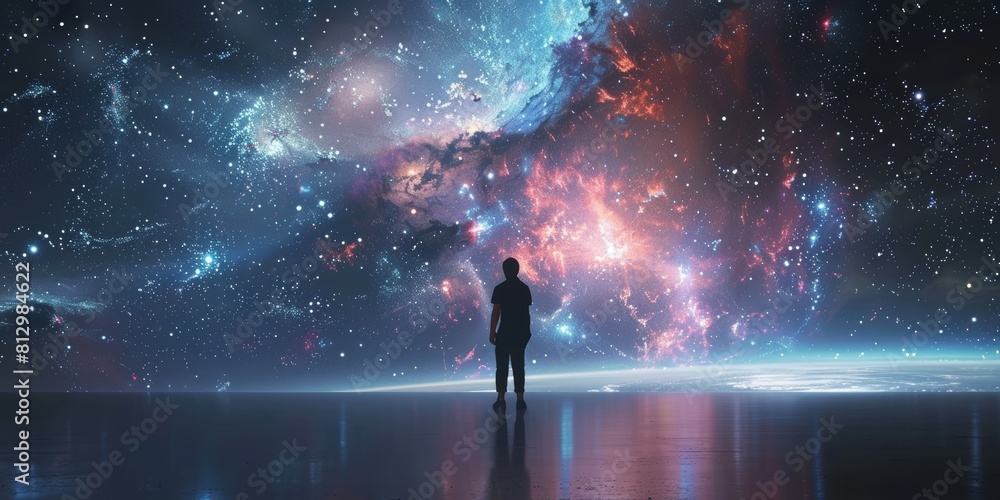 A person standing in a dark room, looking at a large picture of outer space. The image of space is a hologram, glowing with stars, galaxies, and nebulae. The person is in awe
A person standing in a dark room, looking at a large picture of outer space. The image of space is a hologram, glowing with stars, galaxies, and nebulae. The person is in awe