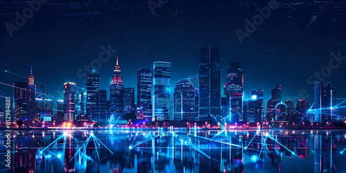  Cyber City Reflections  Urban Nightscape     Blue Tech Glow  The Future of Urban Planning    Communication network of large futuristic city at night