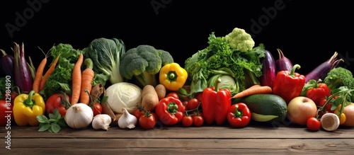 Copy space image of various raw vegetables displayed on a rustic wooden table creating a health conscious backdrop for healthy eating