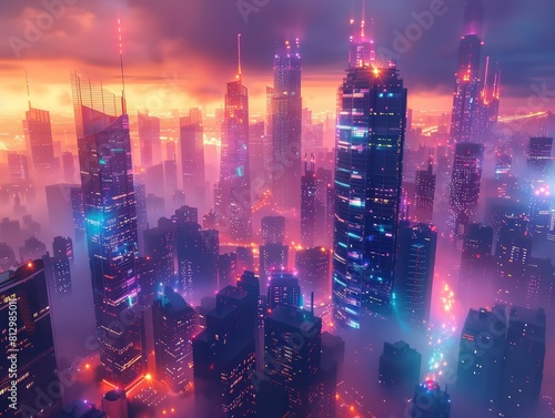 digitally rendered  futuristic cityscape at eye level  with striking skyscrapers reflecting neon lights against a dark sky  ideal for a tech companys ad campaign