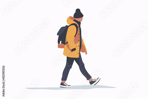 "Man Walking Past an Orange Kiosk Illustration" "Illustrated Scene of Man in Orange Jacket Walking" "Minimalist Urban Street Scene with Male Pedestrian"