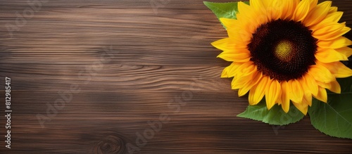 Top view of a beautiful artificial sunflower placed on a brown wooden table The home decoration is perfectly captured in this copy space image with a flat lay arrangement