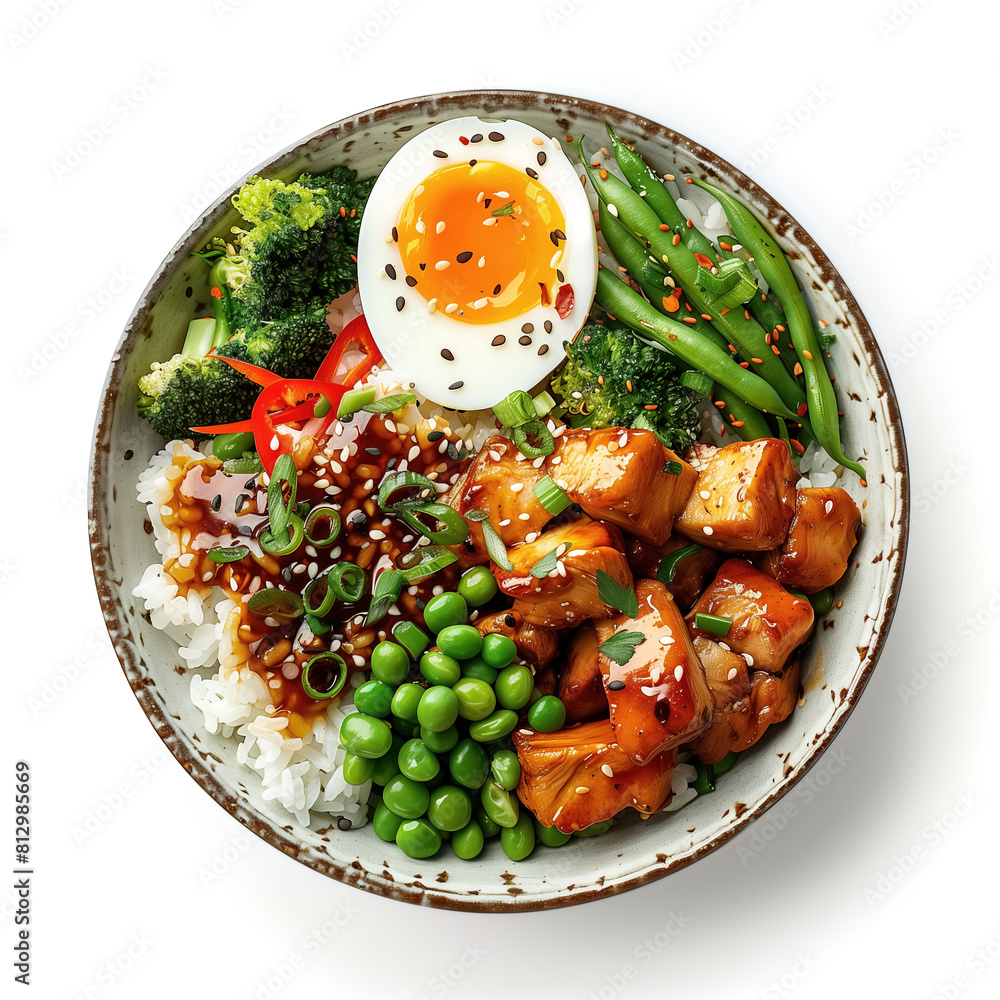 Asian poke bowl with soft boiled egg, teriyaki chicken, rice, and green ...