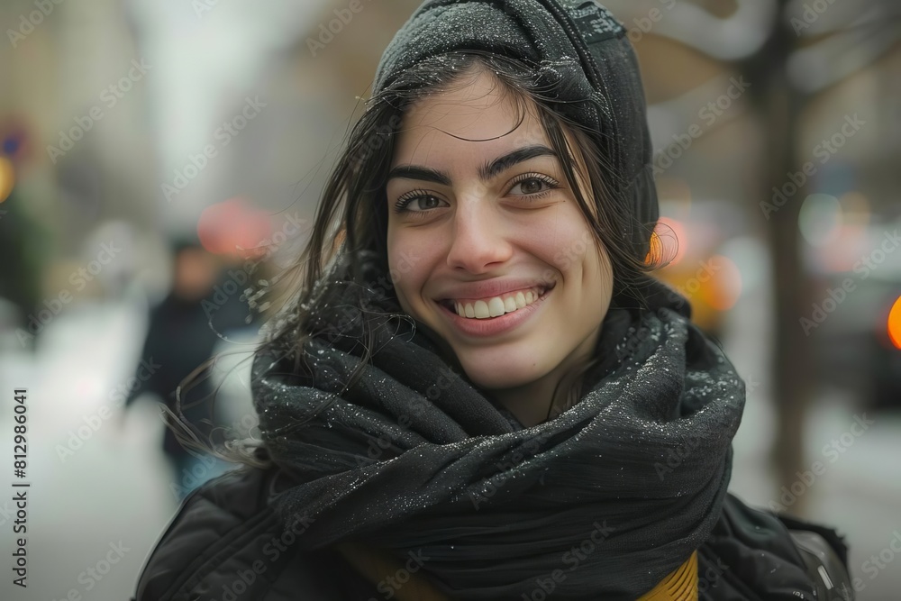 smiling woman in black scarf candid portrait photography positive emotion smiling woman in black scarf candid portrait photography positive emotion