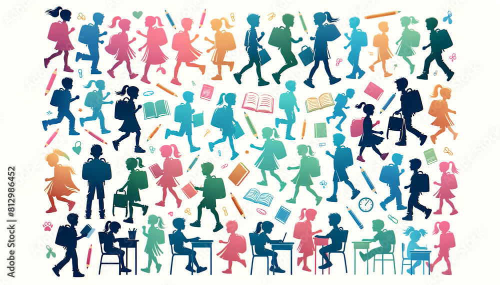 Colorful silhouette illustrations of diverse children's in various poses and activities of school, ideal for vibrant community or social interaction themes. Colorful silhouette illustrations of diverse children's in various poses and activities of school, ideal for vibrant community or social interaction themes.