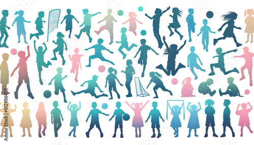 Colorful silhouette illustrations of diverse children's in various poses and activities, ideal for vibrant community or social interaction themes.