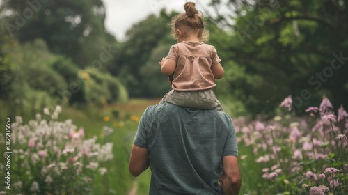 A father carries his young daughter upon his shoulders as they walk through the woods and meadows of Hexham after she gets a little tired from all of the walking. photo