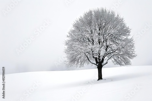 solitary snowcovered tree in stark black and white minimalist winter landscape photography