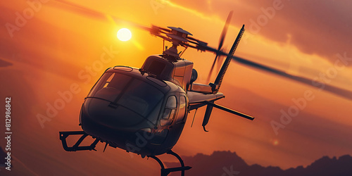 Helicopter in Flight at Sunset