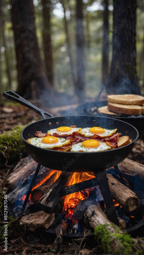 Wilderness Dining, Fried Eggs with Bacon Cooking in Pan Over Campfire in Forest.
