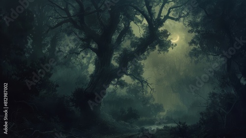 A person is walking through a dark forest at night