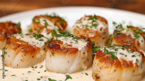 Fototapeta Naklejka Na Ścianę i Meble -  Scallops marinated in rum, with creamy cognac sauce with fresh herbs.