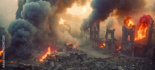 Smoke rise from burning bombed destroyed buildings  photo