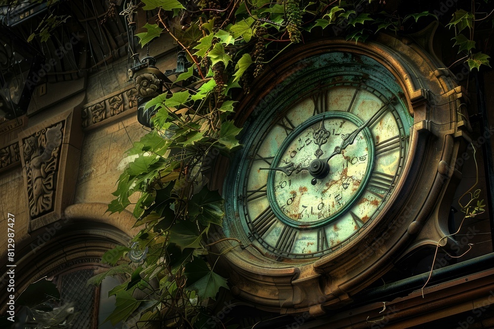 Fototapeta premium Vintage clock entwined with green ivy leaves on an old architectural structure, exuding a timeless beauty