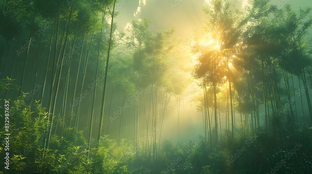 landscape of a bamboo forest bathed in soft morning light. Tall, slender bamboo stalks sway gently in the breeze, creating a peaceful atmosphere