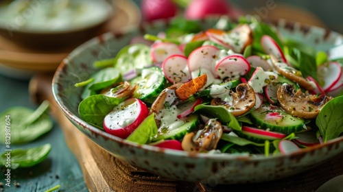 Salad with marinated mushrooms, Eichberg, radishes, cucumbers, spinach, and sour cream dressing.