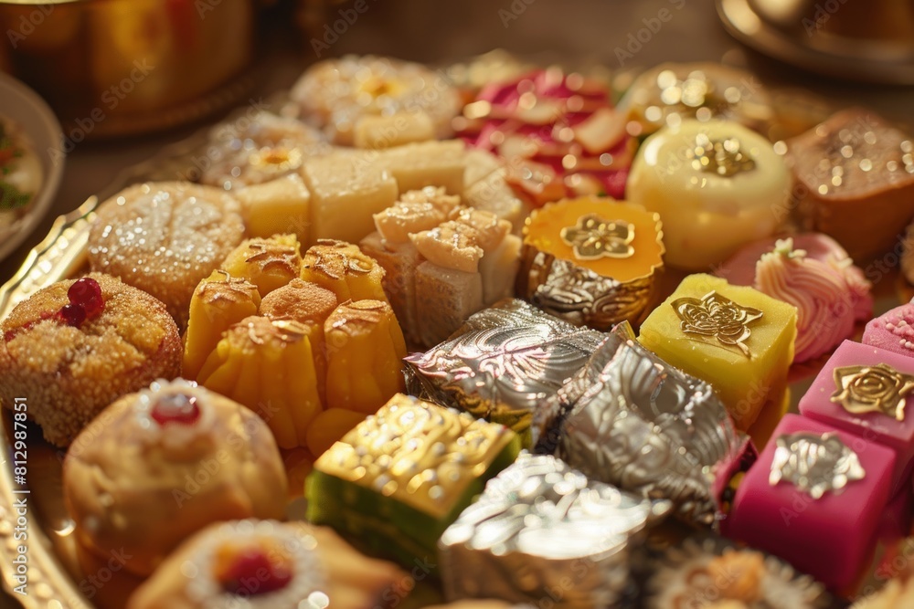 Tray filled with assorted desserts such as cakes, cookies, and candies. Tempting confections concept Tray filled with assorted desserts such as cakes, cookies, and candies. Tempting confections concept