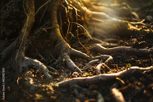sunlight filtering through intricate tree roots in rich soil nature photography