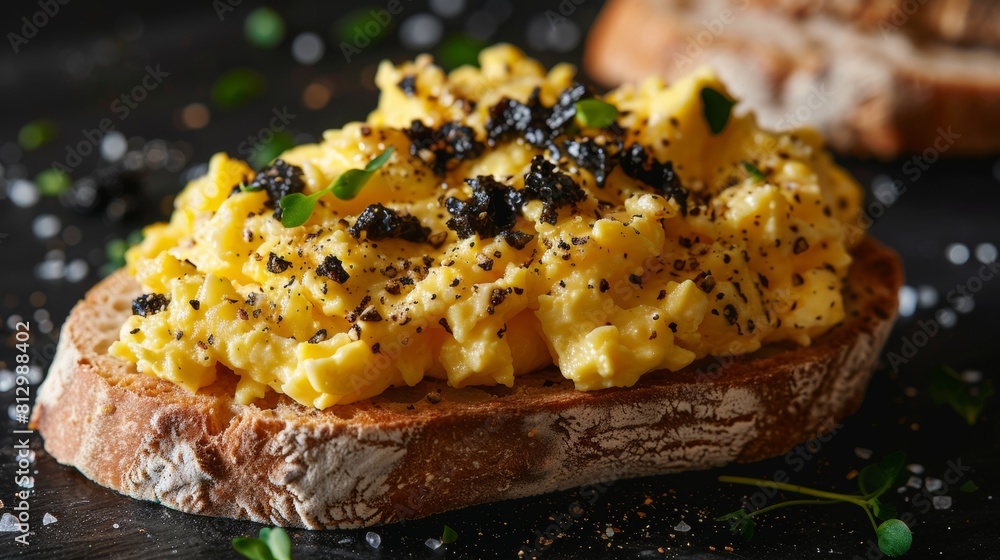 Foto Stock Scrambled Eggs with Black Truffle Crostini closeup. Italian