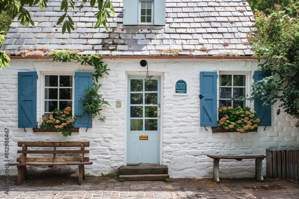 Front view of an idyllic cottage with whitewashed walls and blue shutters, exuding a charming and welcoming allure.