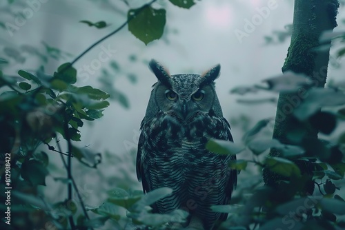 surreal owl blending into misty forest landscape mysterious and ethereal