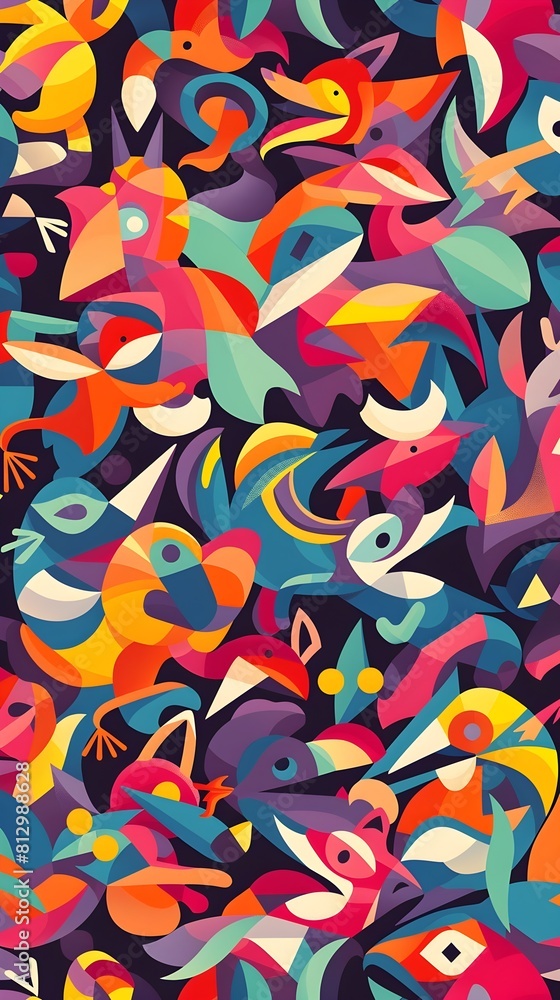 Vibrant Geometric Tessellation of Whimsical Dancing Cartoon Animals in Energetic Psychedelic Composition Vibrant Geometric Tessellation of Whimsical Dancing Cartoon Animals in Energetic Psychedelic Composition