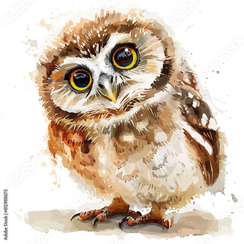Watercolor vector of a baby owl, isolated on a white background, owl art, owl clipart, owl Graphic, drawing clipart, owl vector, owl painting.