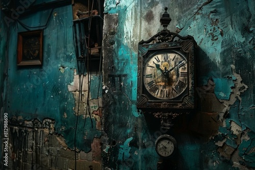 Vintage ornate clock mounted on a rustic blue wall with peeling paint photo