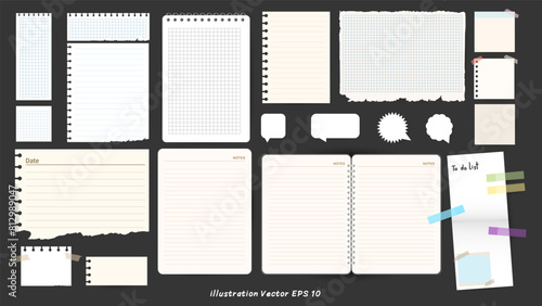 Set of lined white, notebook paper pieces stuck with sticky tape on black background, office notice or information board with appointments, Vector illustration EPS 10