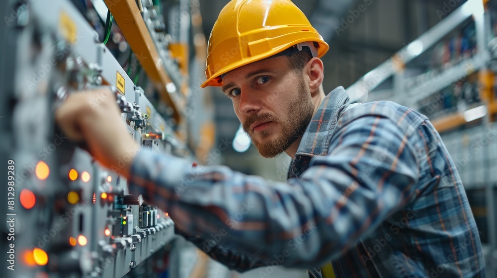 Young electrician installing electrical system in factory Young electrician installing electrical system in factory