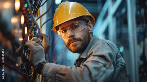 Young electrician installing electrical system in factory 