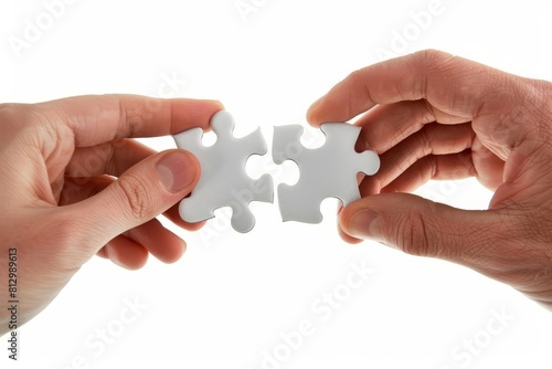 two hands holding jigsaw puzzle pieces representing collaboration partnership problem solving and finding solutions on white background closeup photo